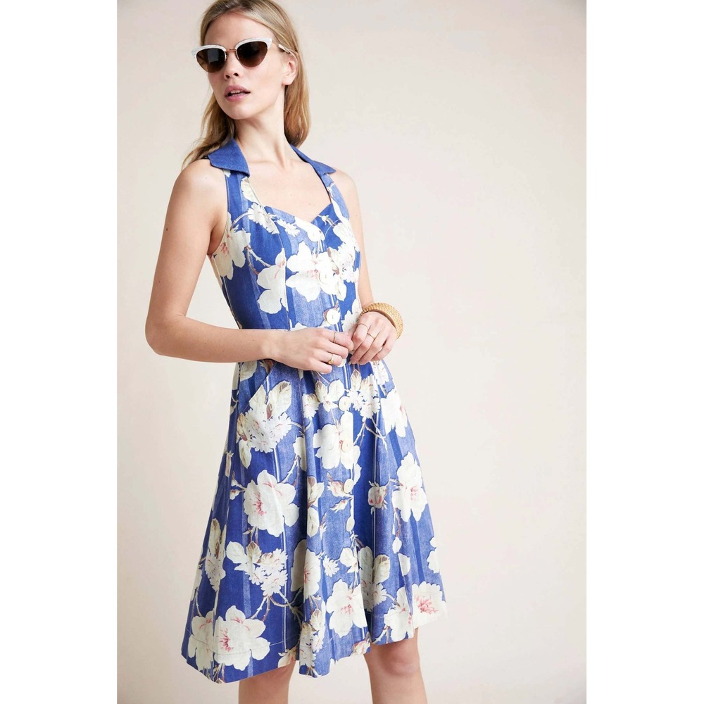 Anthropologie Dress Women 12 Blue Floral Linen Blend Sleeveless Button Pockets